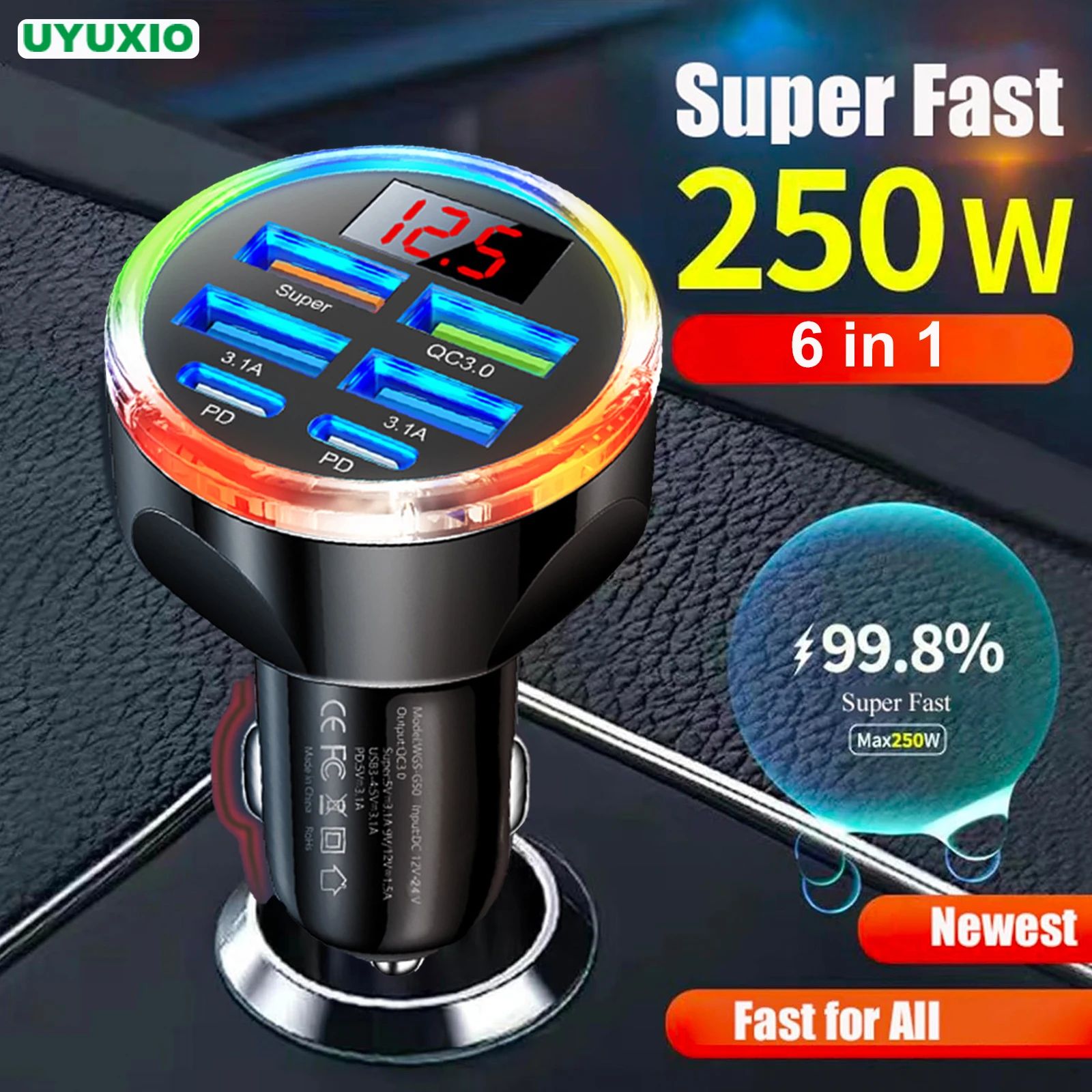 UYUXIO 6 in 1 car charger Dual PD USB C Fast Car Charger With Voltage Display and Color Light