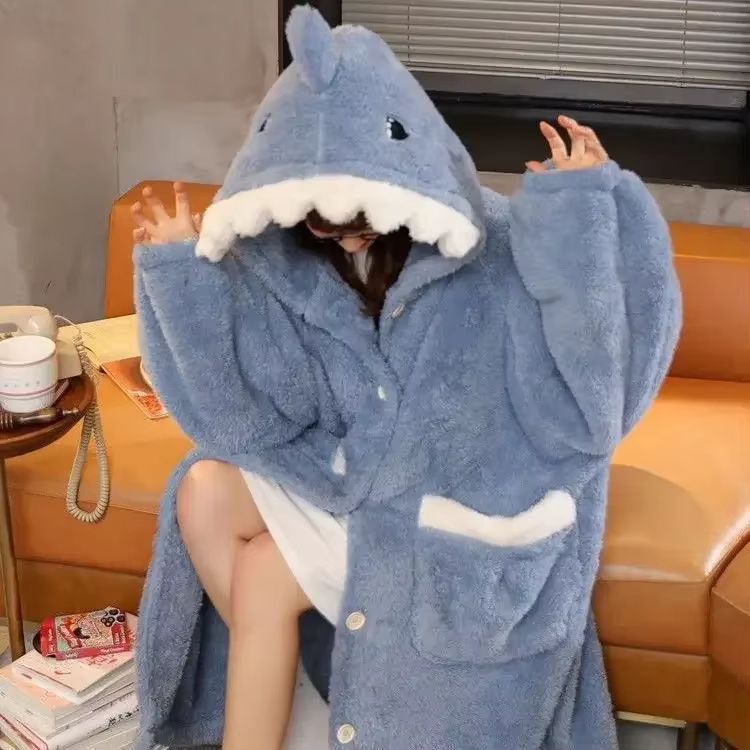 Women's Winter Warm Fleece Shark Hooded Pajama Nightgown