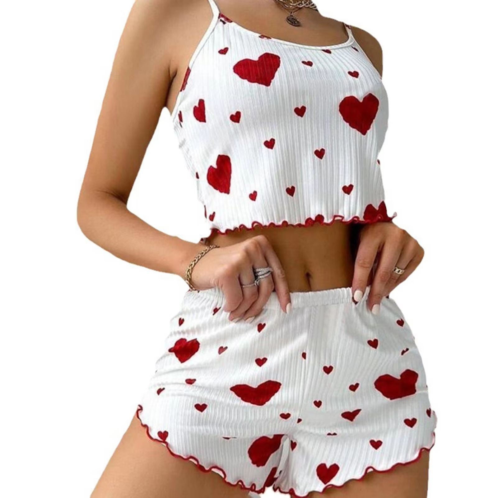 Women's 2 PCS Pajamas Set – Soft Short Tank Top and Shorts Sleepwear in White with Love Print