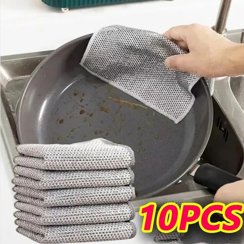 10-Pack Silver Wire Magic Dishcloth Set with Thickened Microfiber and Built-In Sponge Steel Wire