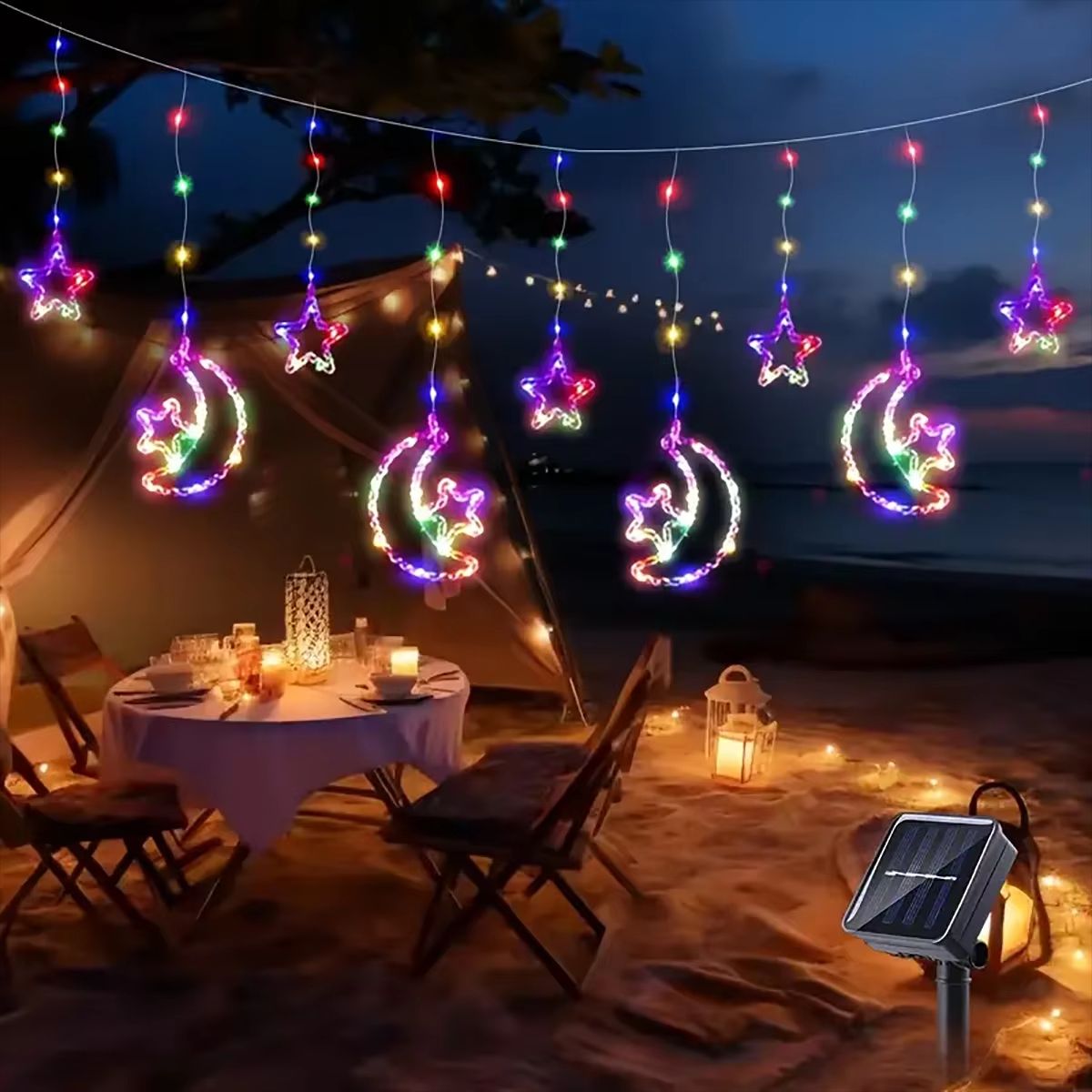 Solar 3M 120LED Star Moon Curtain String Lights Outdoor Decorative LED Fairy Lights for Garden Patio Party Wedding