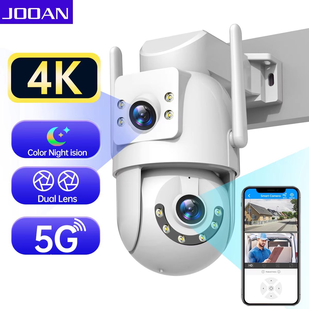 Jooan 4K 8MP Outdoor WiFi PTZ Security Camera with Dual Lens, 5X Zoom and AI Tracking
