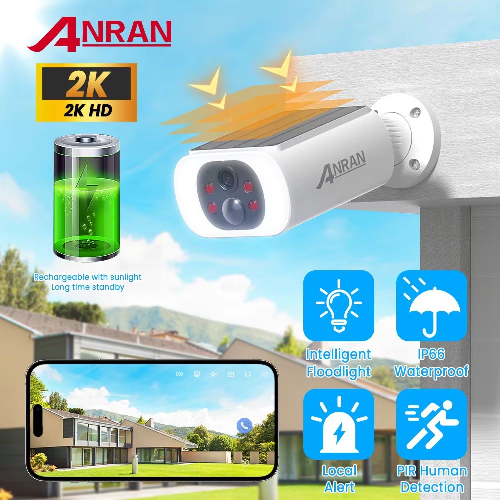 ANRAN 2K Solar Outdoor WiFi Security Camera with Floodlights and Color Night Vision