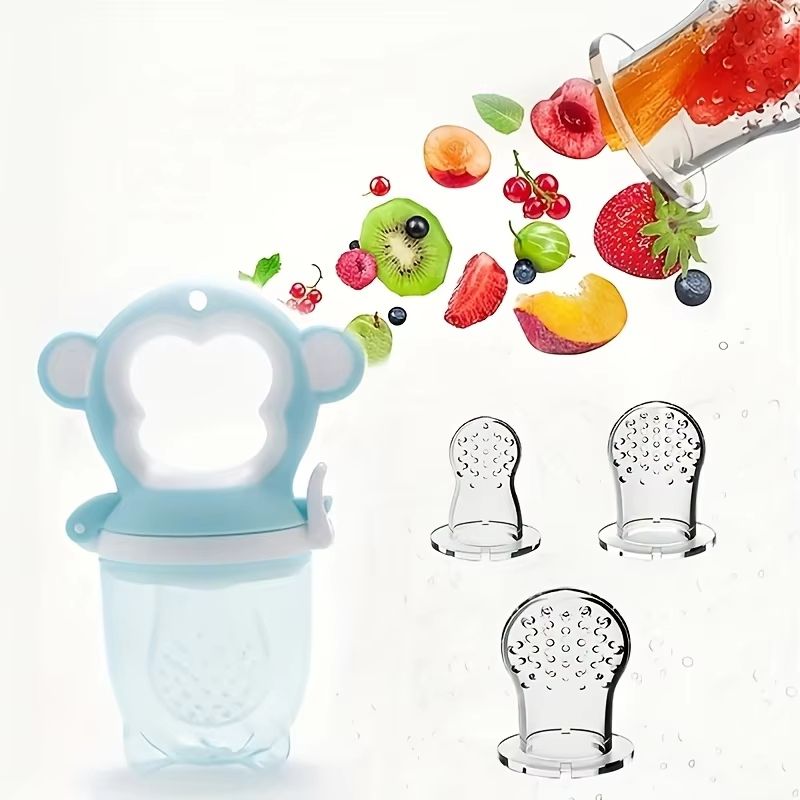 4-Piece Monkey-Shape Baby Fruit Feeder Set with Easy-Handle Ring and 3 Silicone Mesh Bags (S/M/L)
