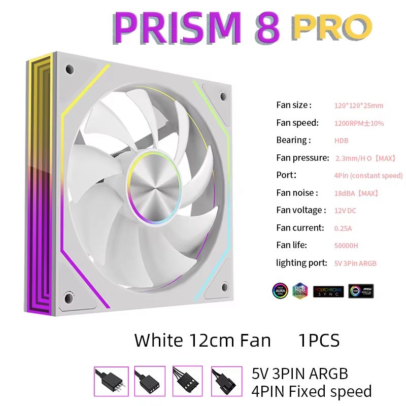 METALFISH PRISM 8 PRO 120mm ARGB Case Fan 5V 3 Pin Sync Quiet Cooling 1200RPM