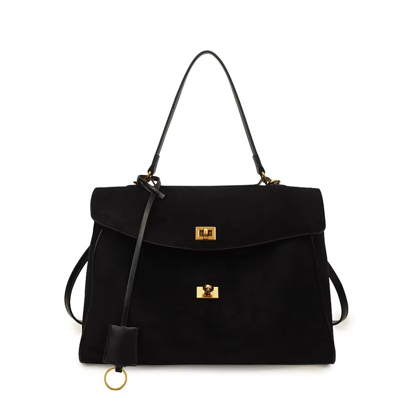 Luxury Suede Leather Messenger Bag with Gold Buckle, Soft Genuine Leather Shoulder Tote