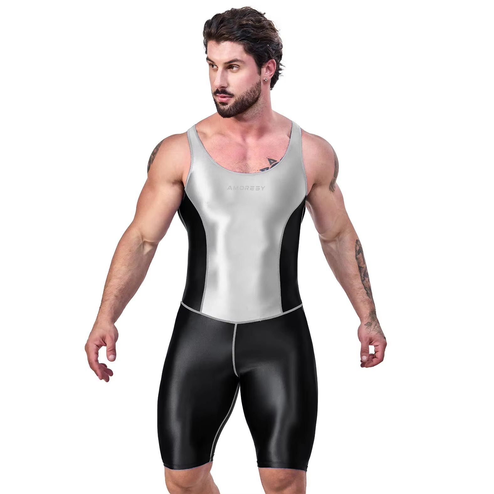 AMORESY Men's Satin Smooth Sports Jumpsuit, Shiny Activewear Surfing Yoga Bodysuit