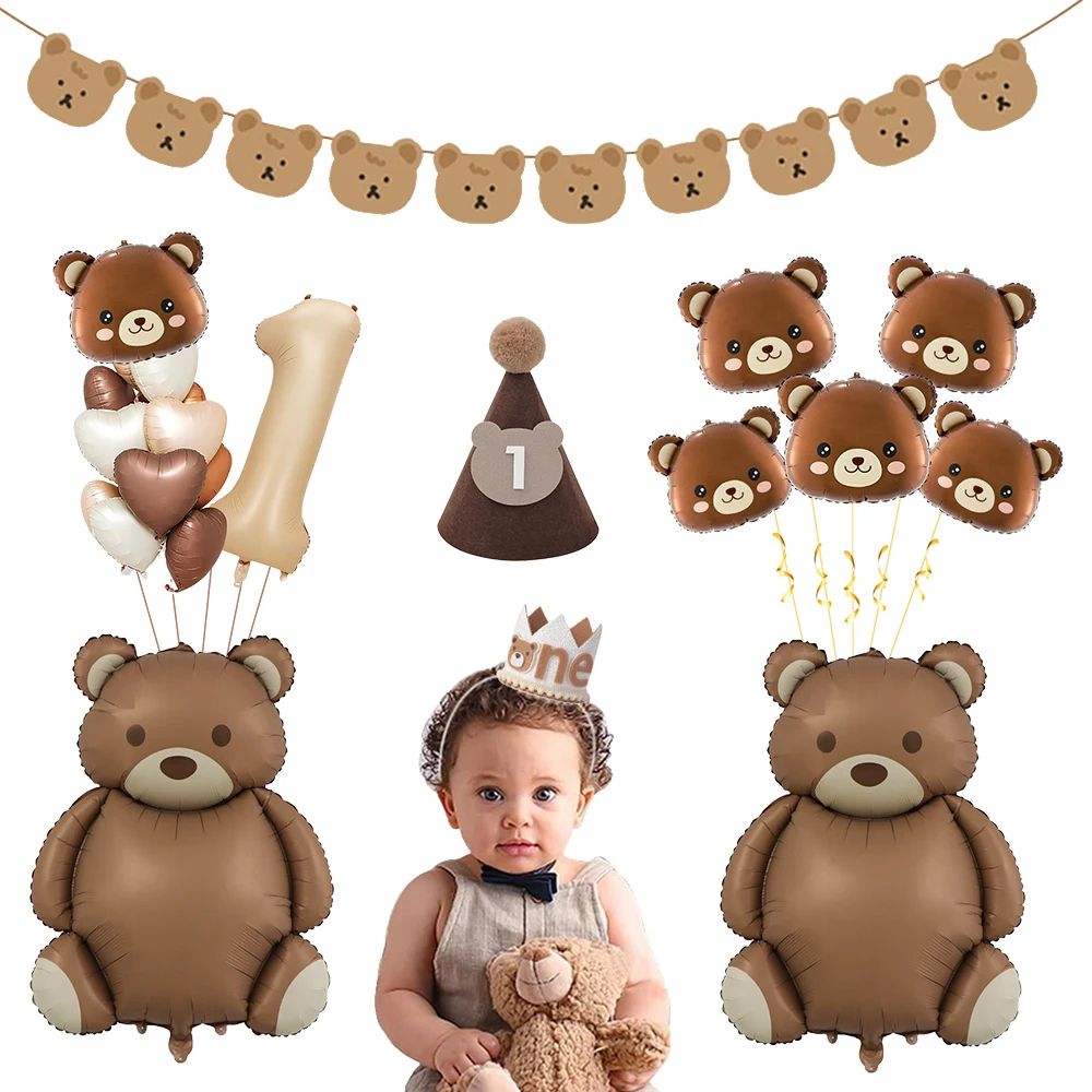 Coffee Brown Teddy Bear Balloon and Number Heart Balloon Set | Inspire ...