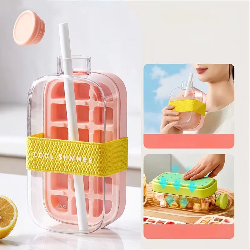 Silicone Ice Cube Tray with Lid No-Spill Design + Straws and Cable Tie Mold for Freezer