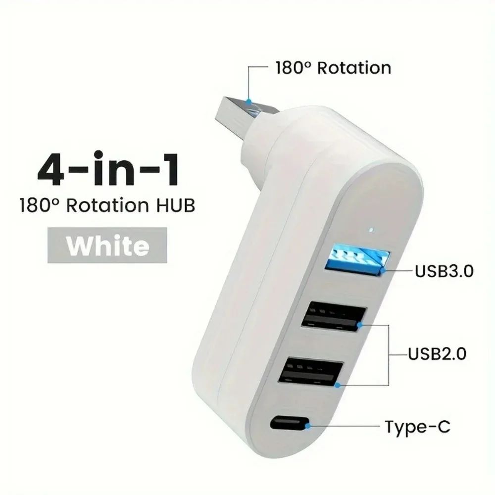 4 in 1 Rotating USB 3.0 Hub with Type C Port, 180 Degree USB Splitter Expander4 in 1 Rotating USB 3.0 Hub with Type C Po