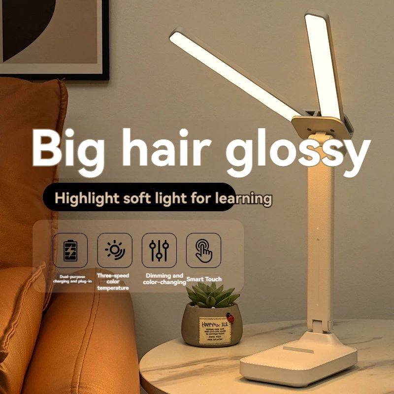 Foldable Dual Head LED Desk Lamp with USB Rechargeable Battery – Dimmable Reading & Night Light for Bedroom Dorm Study