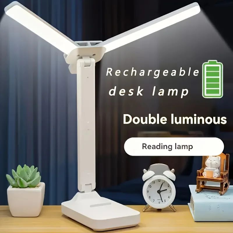 USB Rechargeable Dual-Head LED Desk Lamp – Stepless Dimming Touch Night Light with Eye-Protection Reading Light