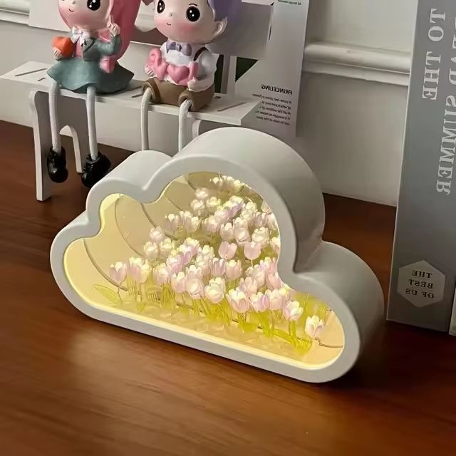 Cloud Tulip Mirror LED Night Light - Handmade DIY Flower Atmosphere Table Lamp