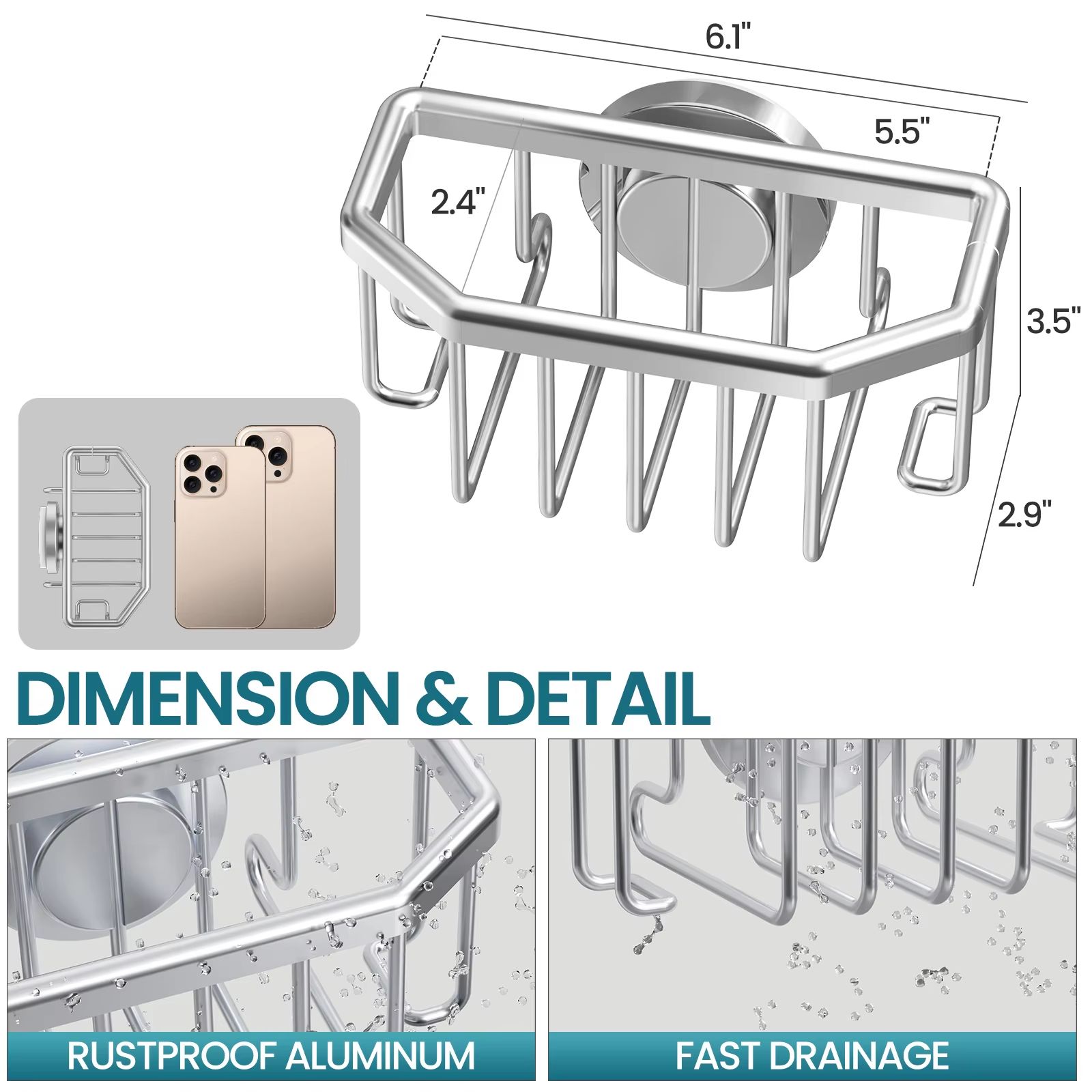TAILI Suction Cup Sink Caddy, Rustproof Aluminum Sponge and Brush Holder with Quick Drain