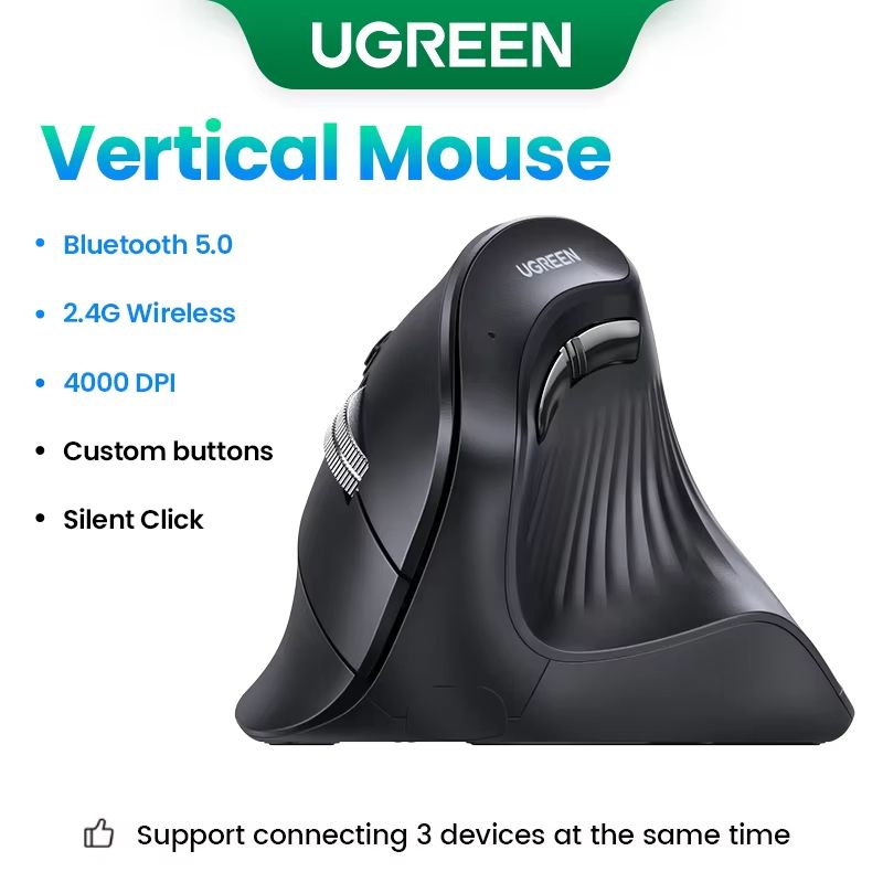 UGREEN wireless vertical mouse with Bluetooth 5.0 and 2.4G, 4000 DPI, 6 Silent Buttons for MacBook and PC