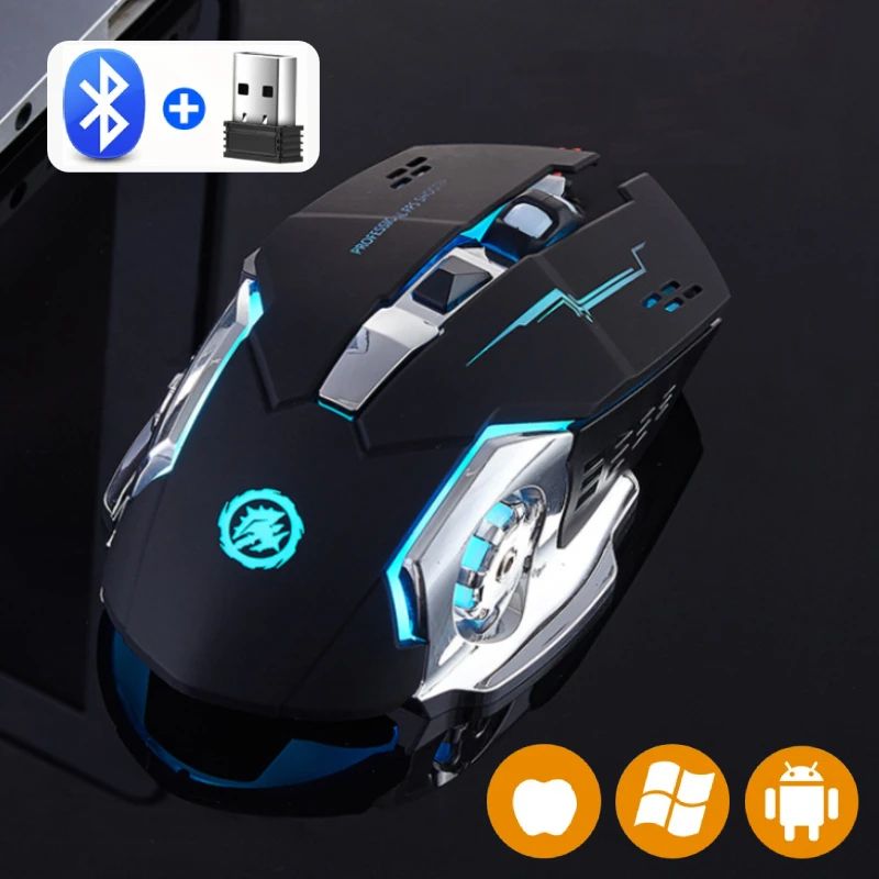 Rechargeable Dual Mode Bluetooth mouse and 2.4G USB wireless gaming mouse with Silent Click and Backlight