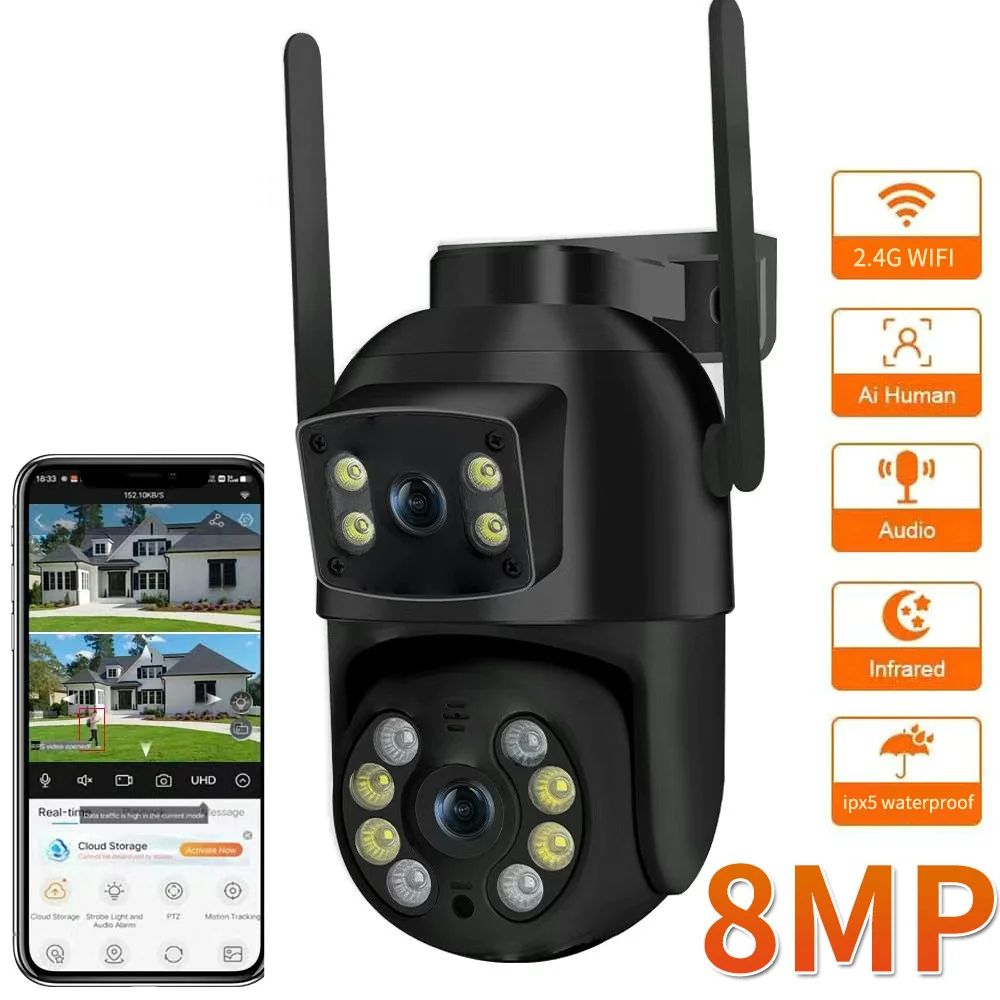 8MP 4K PTZ dual lens security camera with Dual Screen View and AI human detection camera for Outdoor WiFi Monitoring