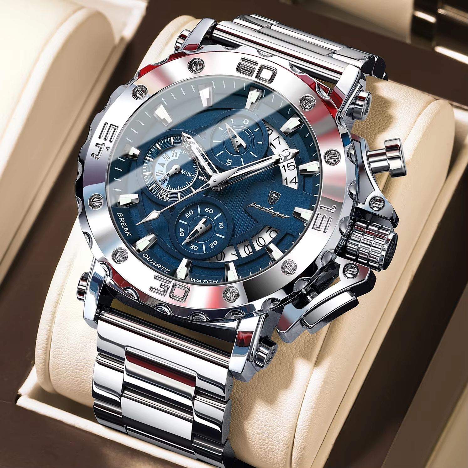 POEDAGAR Luxury Stainless Steel Chronograph Watch for Men