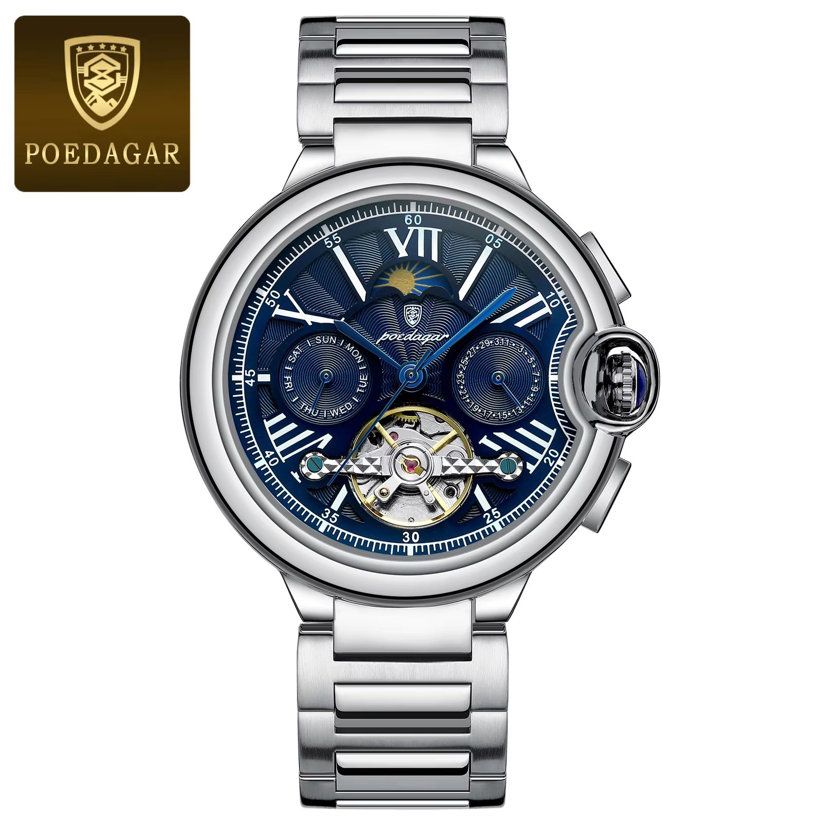 POEDAGAR Hollow Tourbillon Automatic Mechanical Watch for Men Luxury Stainless Steel Waterproof Wristwatch