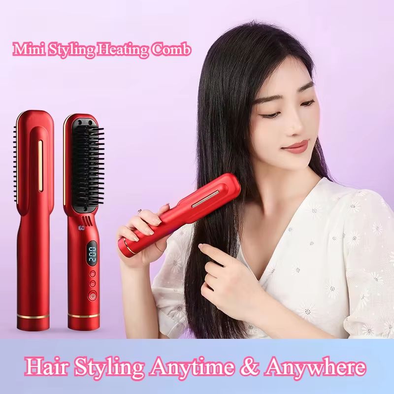 Wireless Negative Ion Hair Straightener Comb 2-in-1 Rechargeable Hair Styling Brush with LED Display