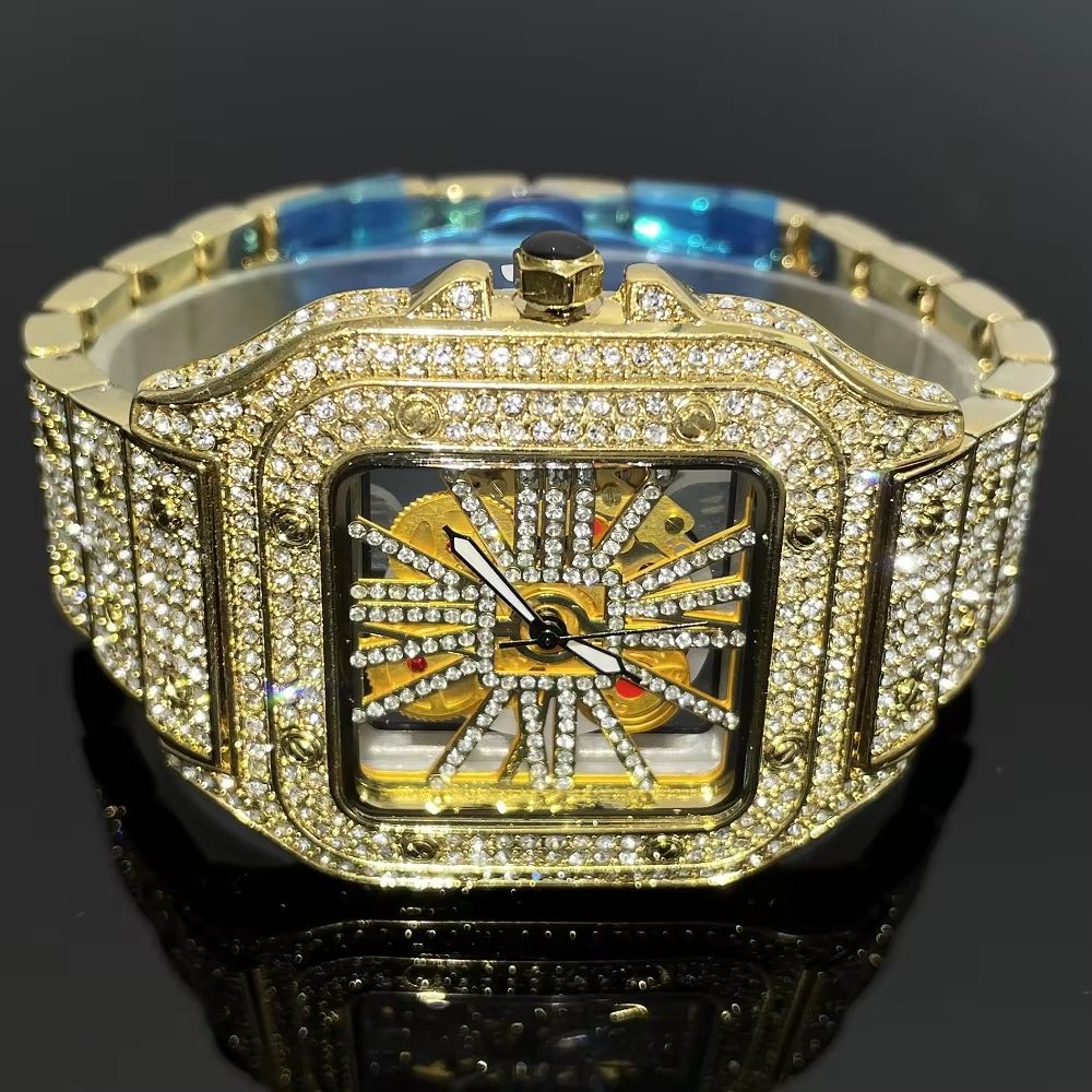 Luxury Iced Out Square Watch Gold Hip Hop Diamond Quartz Watch for Men