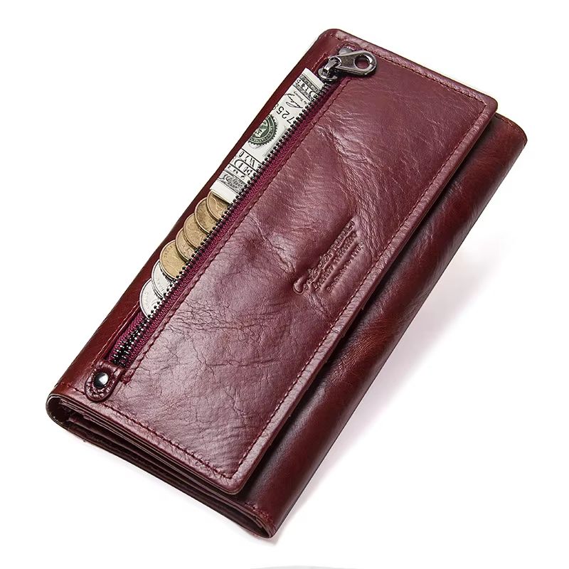 Genuine Leather Long Clutch Wallet for Women with Phone and Photo Holder