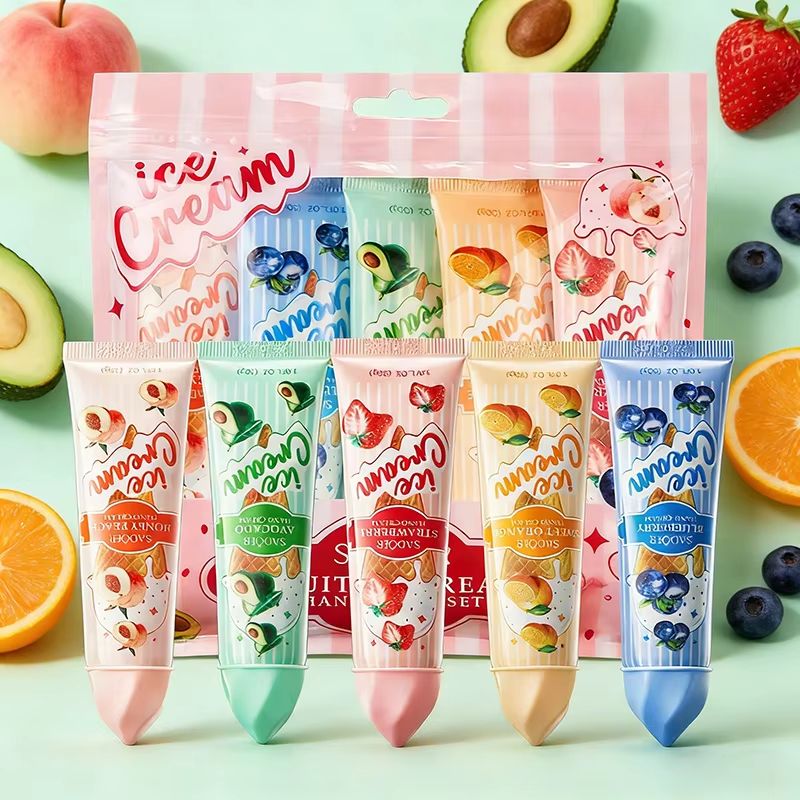 SADOER Fruit Ice Cream Hand Cream Set 5pcs Hydrating Moisturizing Hand Cream for Soft Brightened Hands