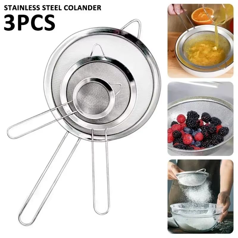 3 Piece Stainless Steel Fine Mesh Strainer Set with Handle for Baking and Cooking