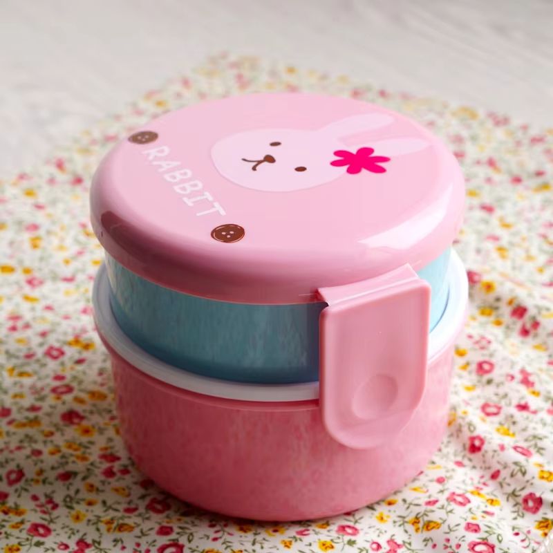 18.26 fl oz Cute Animal Double Layer Bento Lunch Box Round Kids Snack & Fruit Container
