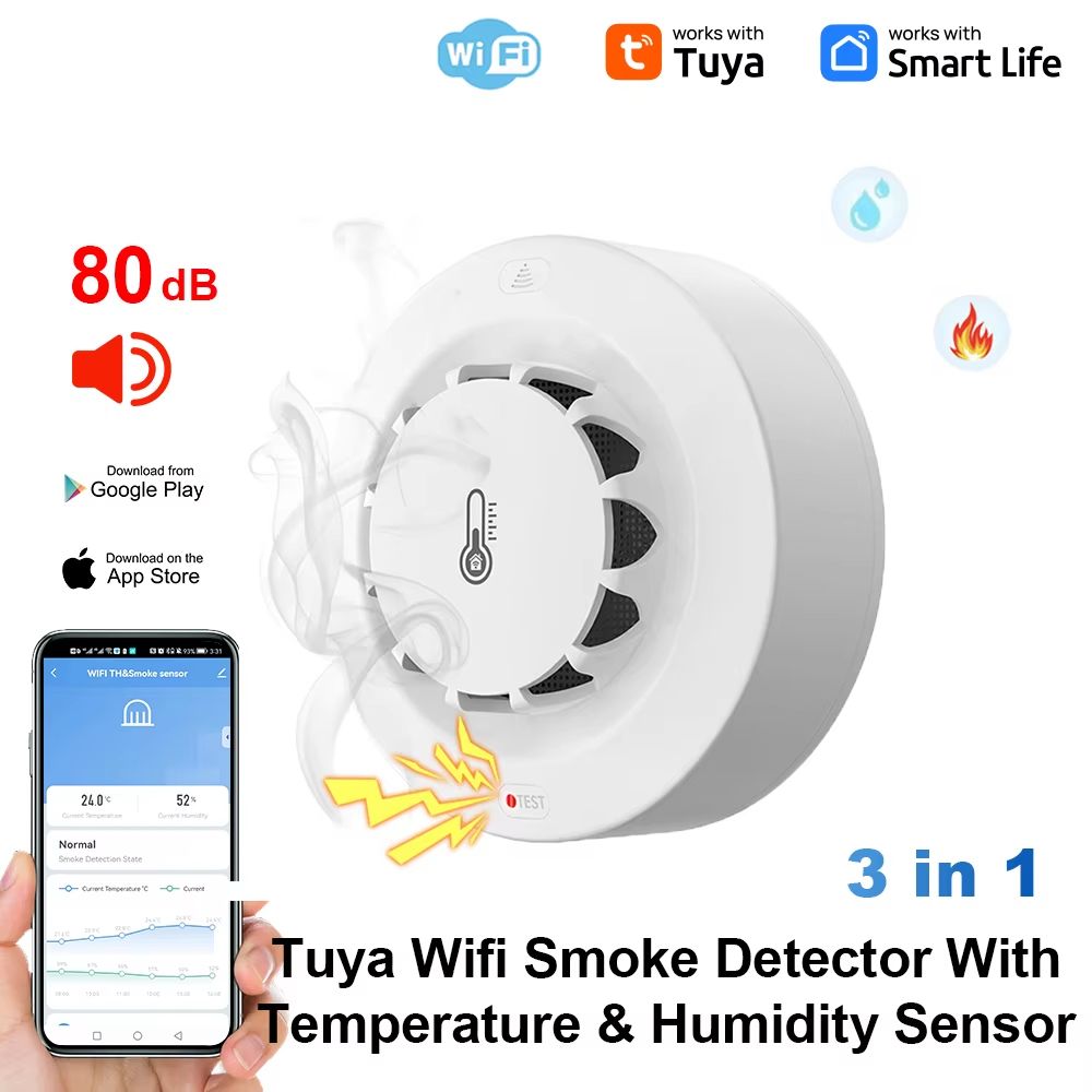 Tuya WiFi Smart Smoke Detector with Temperature & Humidity Monitoring - App-Connected WiFi Smoke Alarm with 80dB Alert &