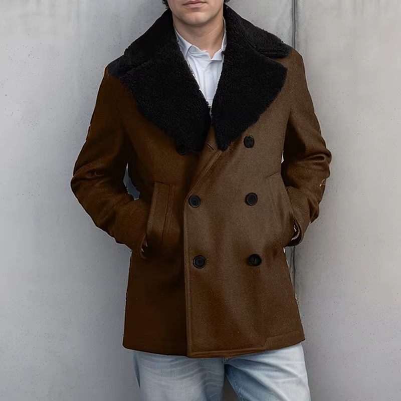 Contrast Detail Men's Wool Pea Coat – Classic Double Breasted Pea Coat Winter Overcoat