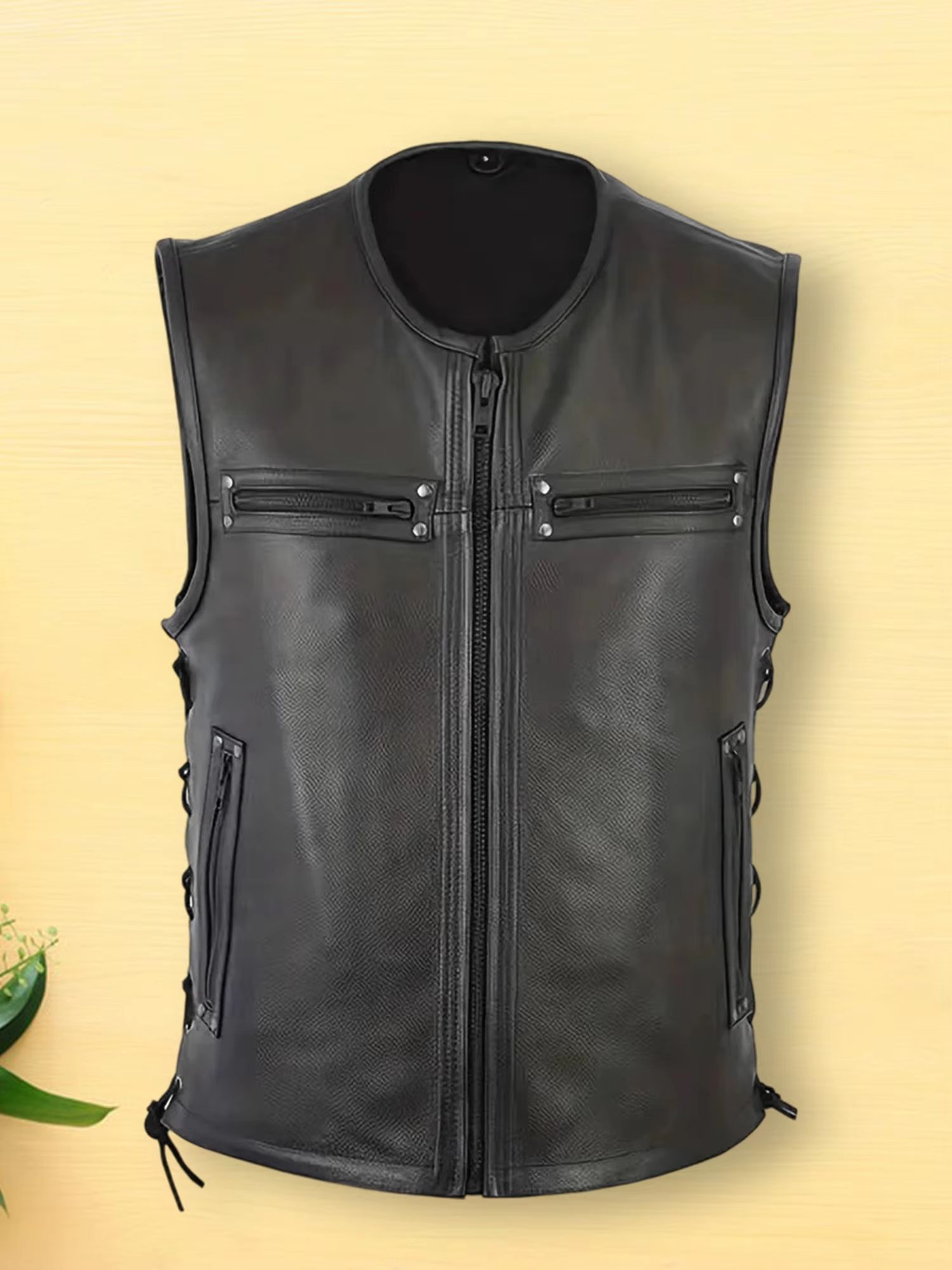 Men's Genuine Leather Biker Vest with Multi Pocket Design and Zipper Sleeveless Jacket