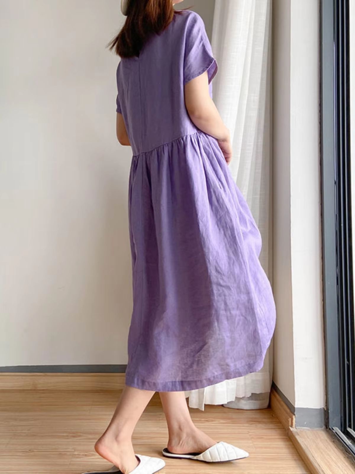 Loose Linen A Line Midi Dress Summer Round Neck Linen Dress High Waist Breathable Summer Dress