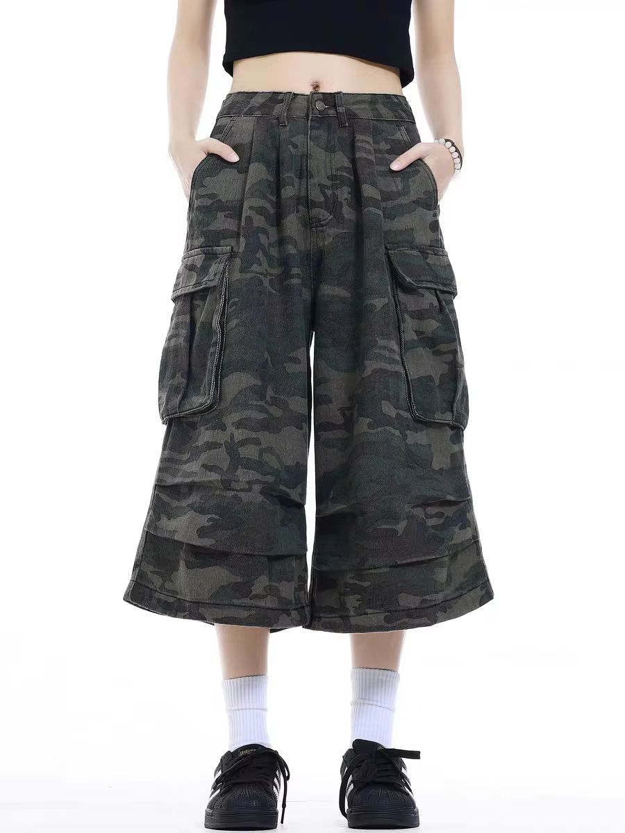 American Camouflage Wide Leg Jeans Retro High Street Camo Jeans Loose Streetwear Baggy Denim Pants