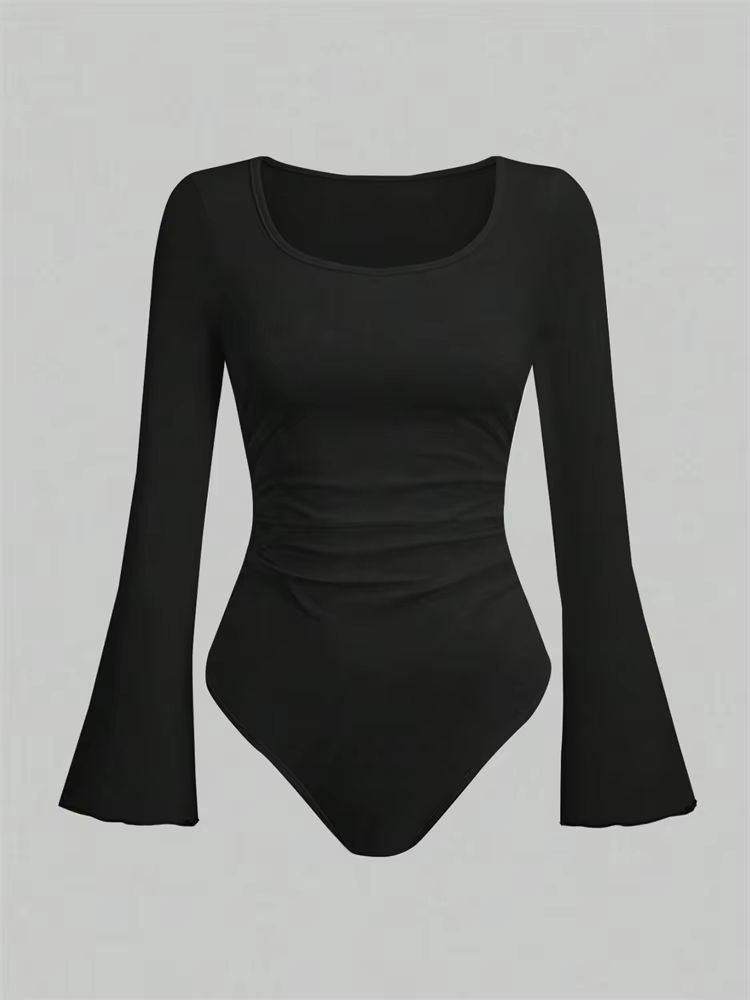 Street Chic Ruched Flare Sleeve Bodysuit for Women Round Neck Pleated Long Sleeve Top