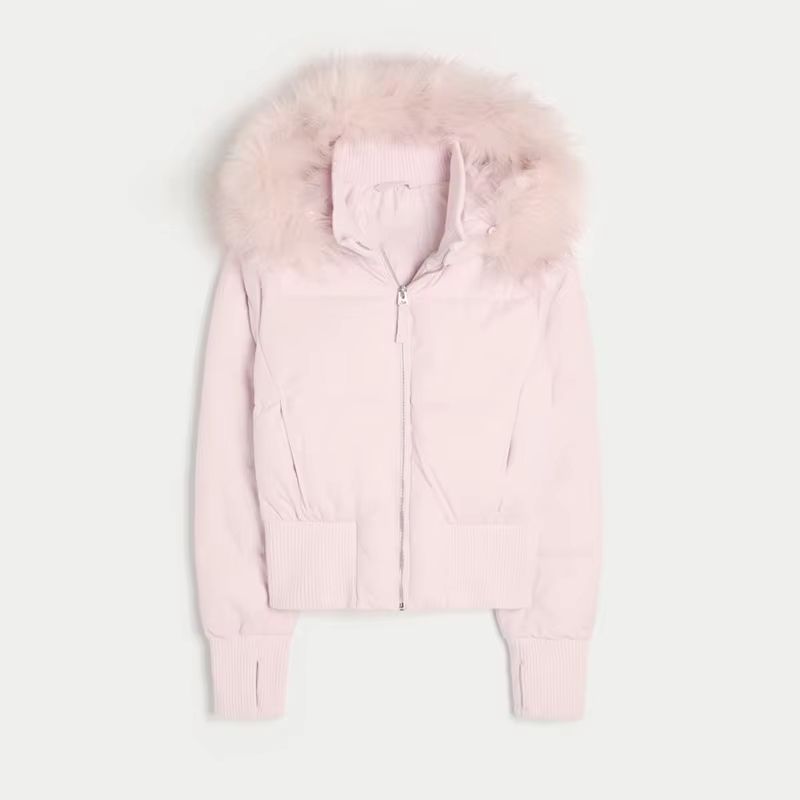 Chic Cropped Women's Faux Fur Hooded Quilted Jacket with Zipper Pockets