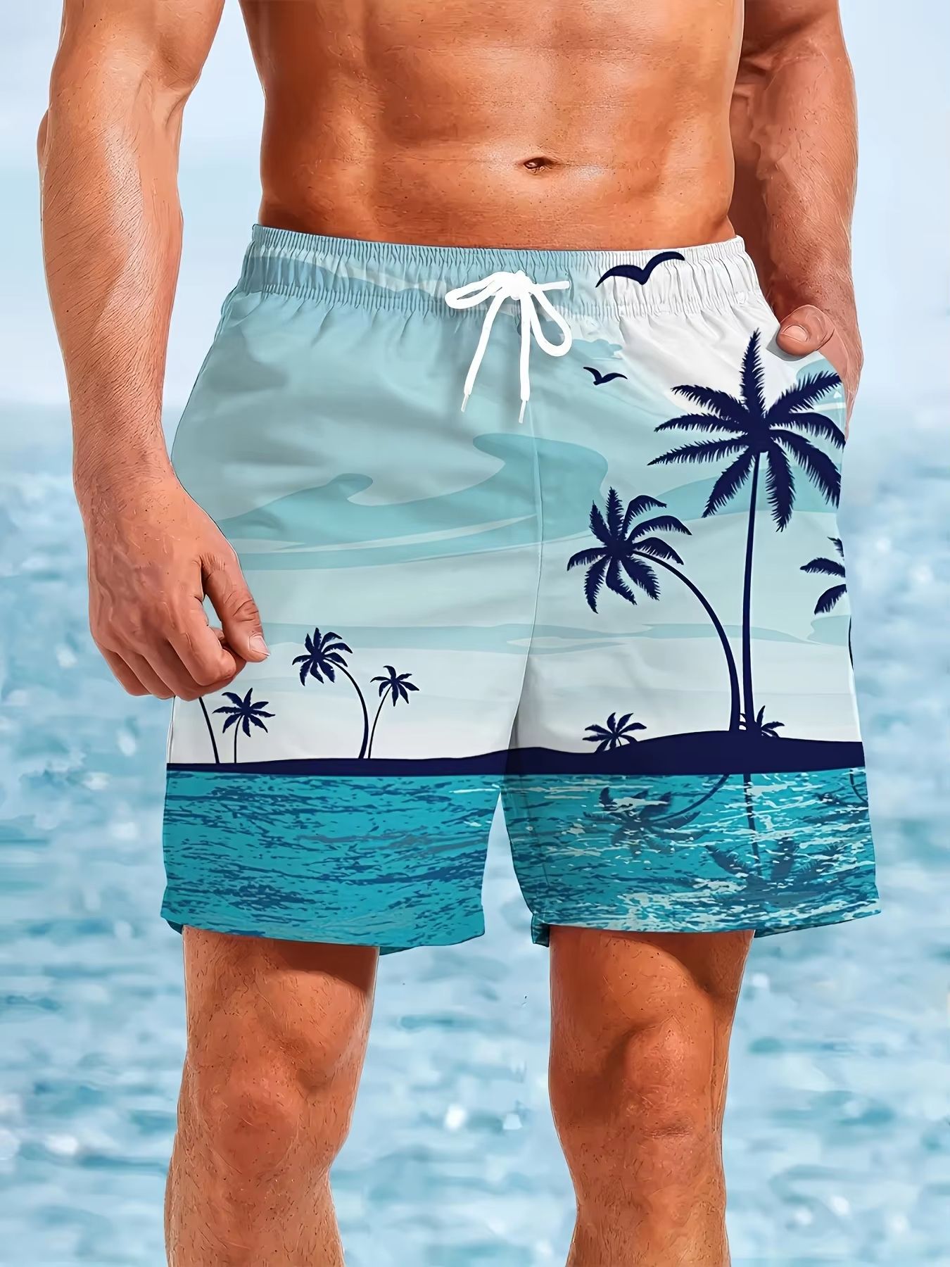 Men's Palm Tree Swim Trunks – Quick Dry 3D Printed Beach Shorts for Surfing and Summer