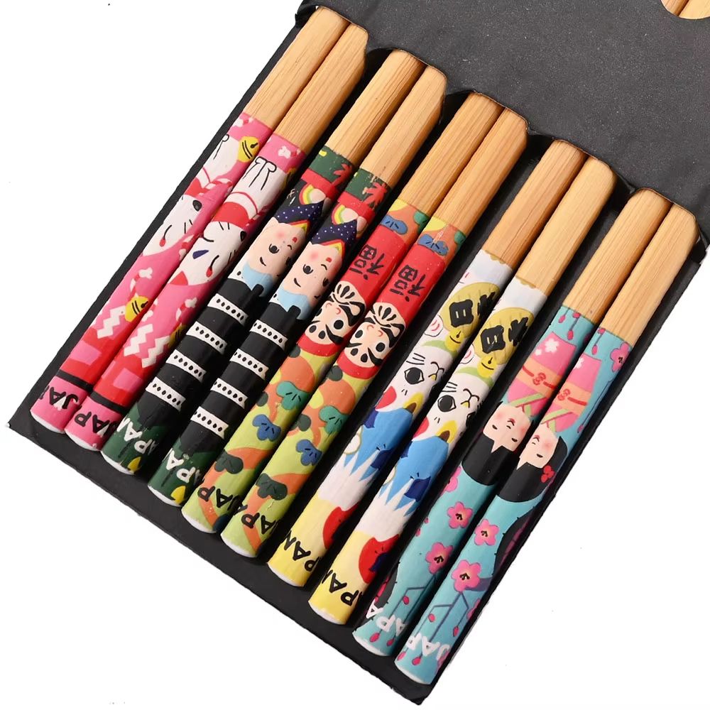 5 Pairs Reusable Bamboo Chopsticks Japanese Style Natural Wooden Sushi Chopsticks Set with Cat & Flower Designs