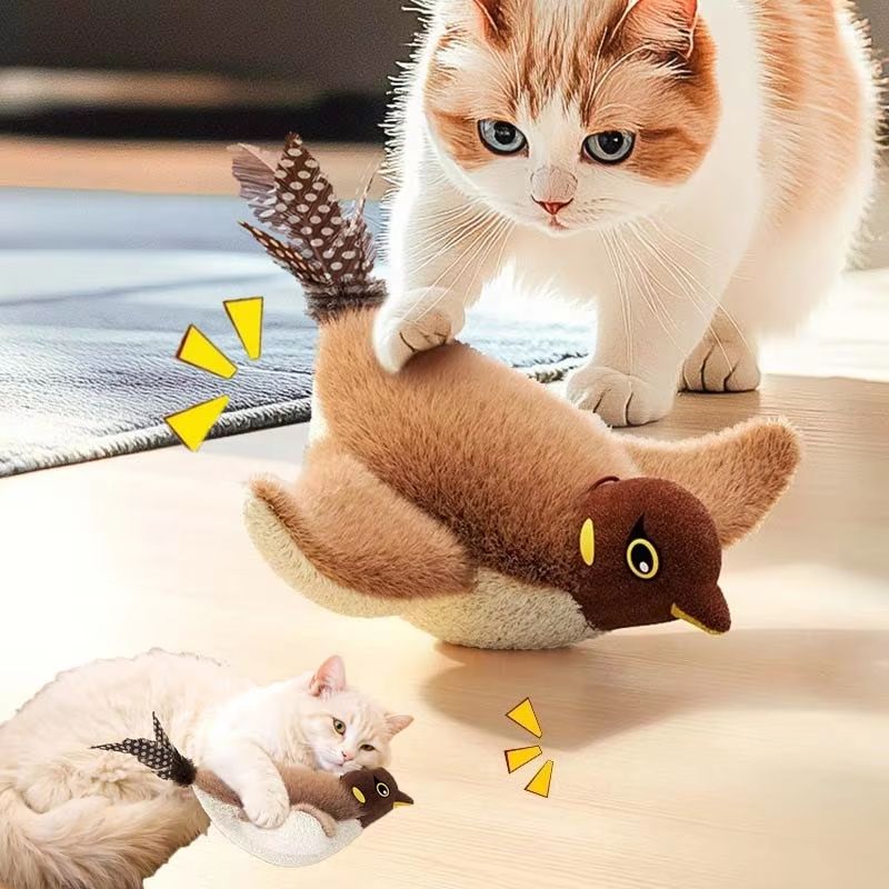 Rechargeable Interactive Bird Cat Toy with Feather Electric Teaser Squeaky Plush Kitty Toy