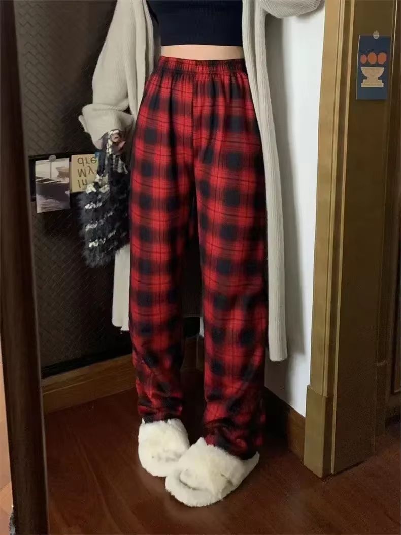 Women's Plush Wide Leg Plaid Pants Warm Cashmere Style Loose Winter Trousers