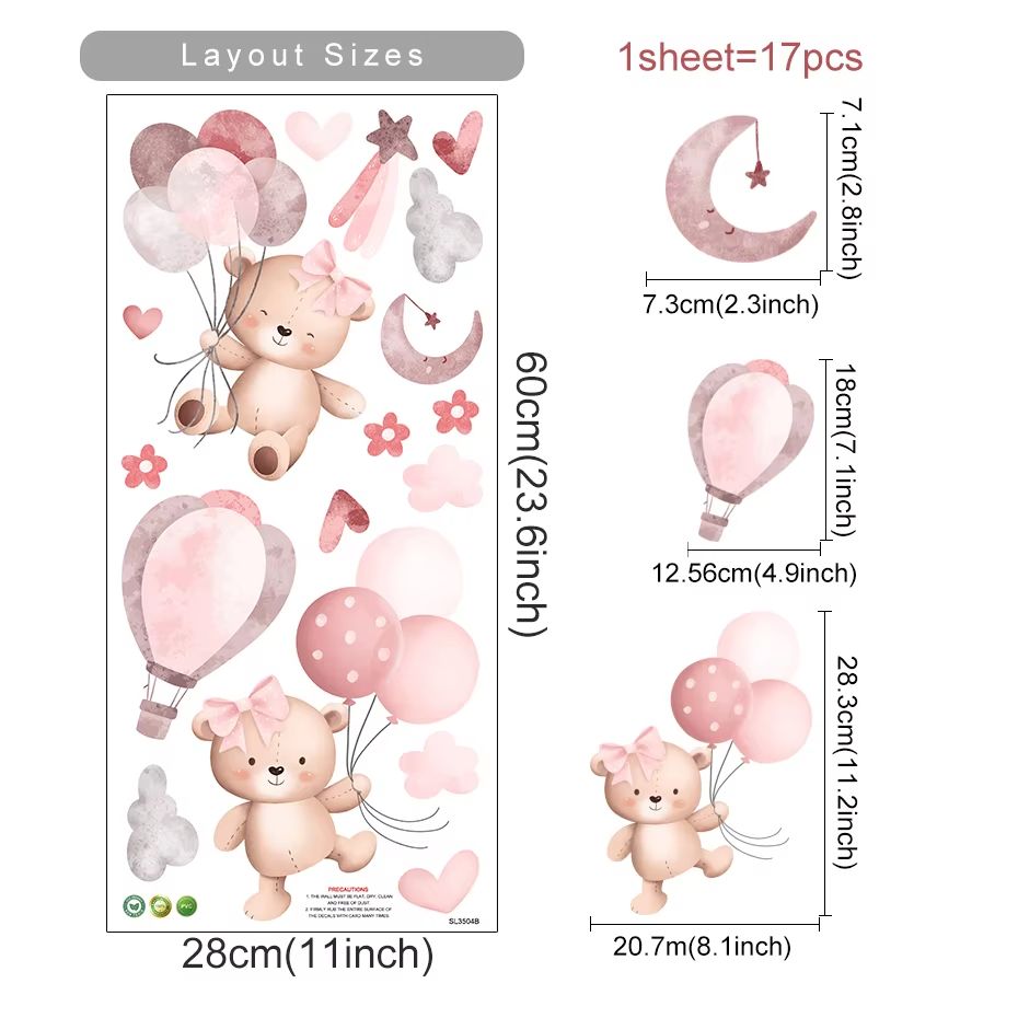 Pink Cartoon Bear Balloon Wall Stickers for Kids Nursery Room Decor