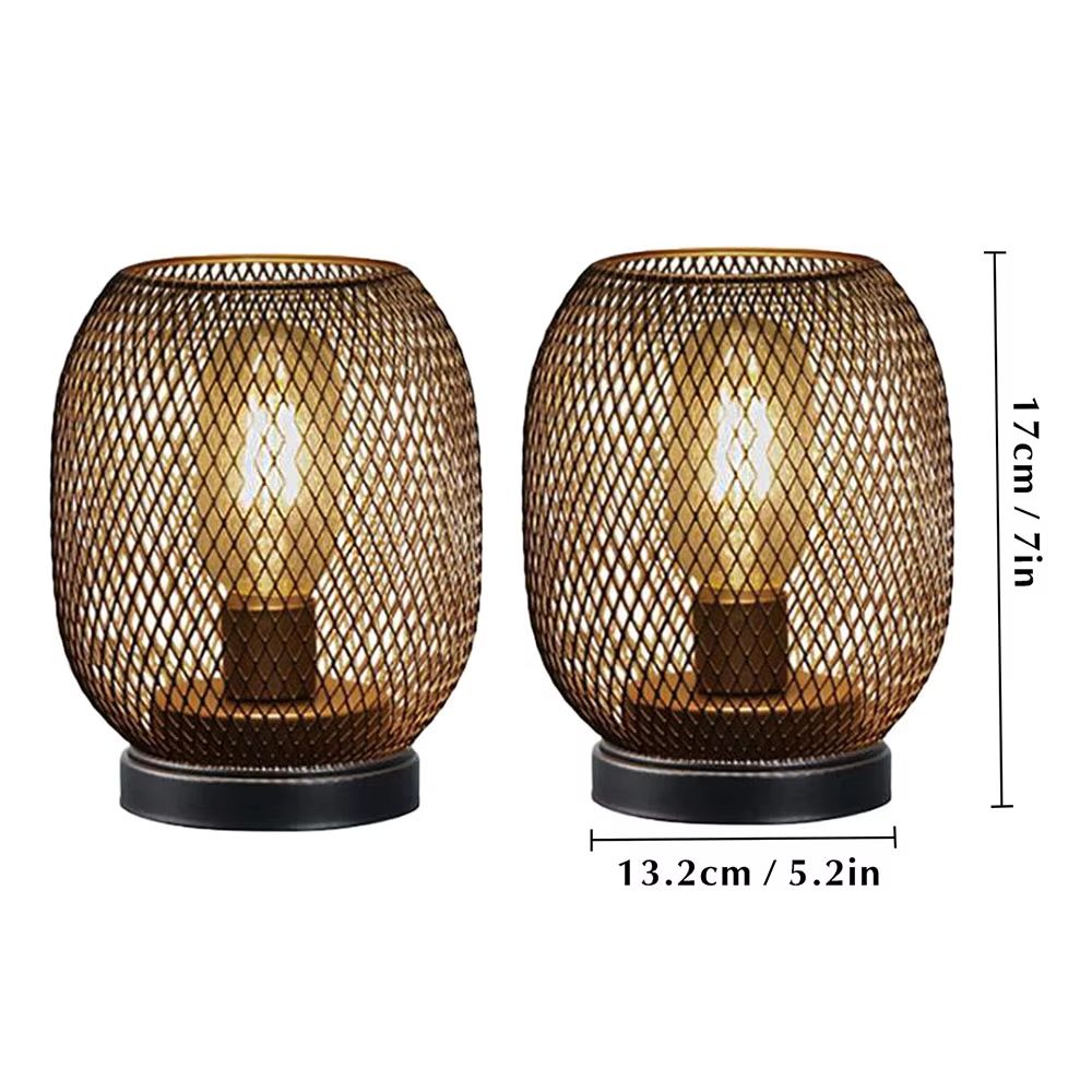 Vintage Metal Cage LED Table Lamp Set Cordless Battery Powered Lantern Decor