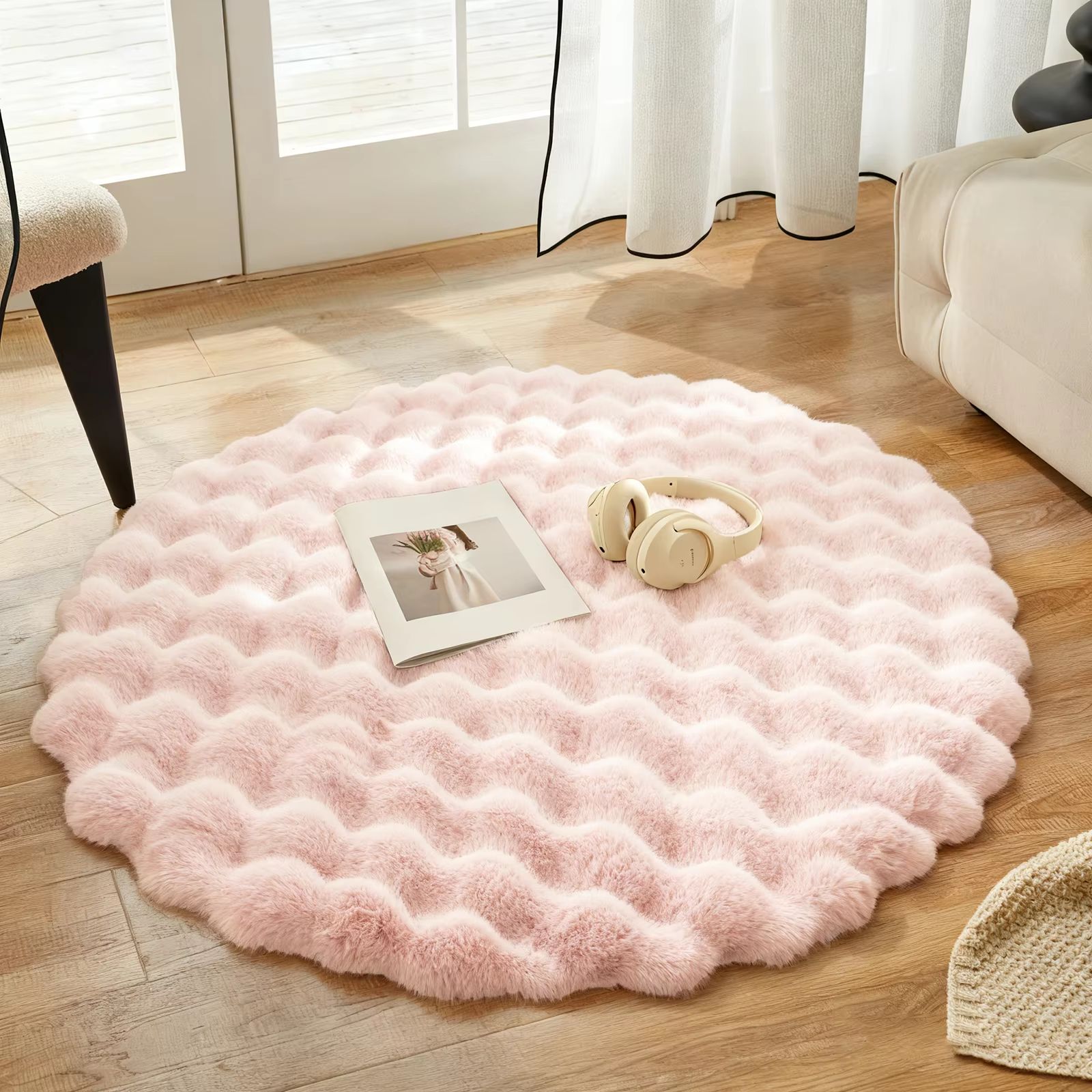 Round Faux Rabbit Fur Plush Carpet Soft Bubble Velvet Fluffy Rug for Living Room and Kids