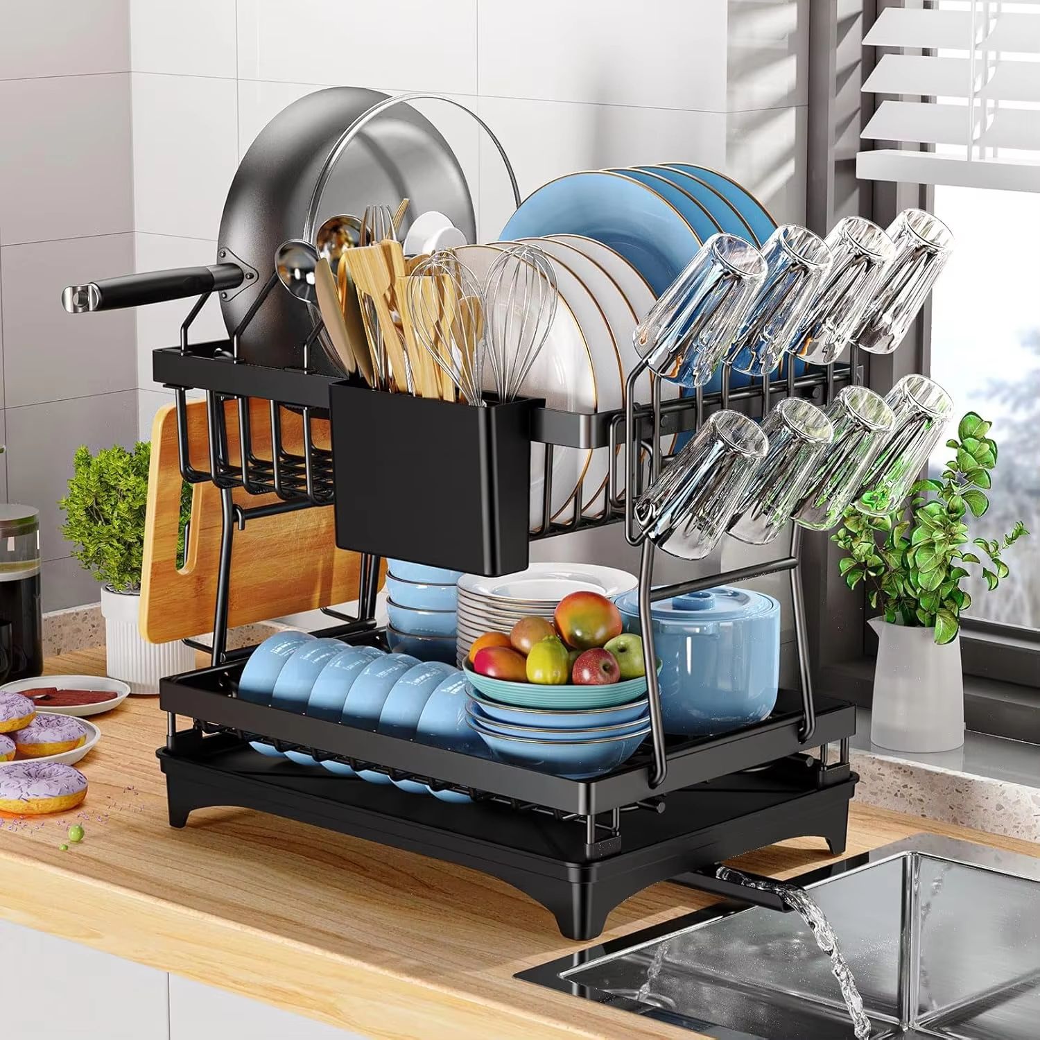 2 Tier Stainless Steel Dish Drying Rack with Drip Tray Countertop Organizer