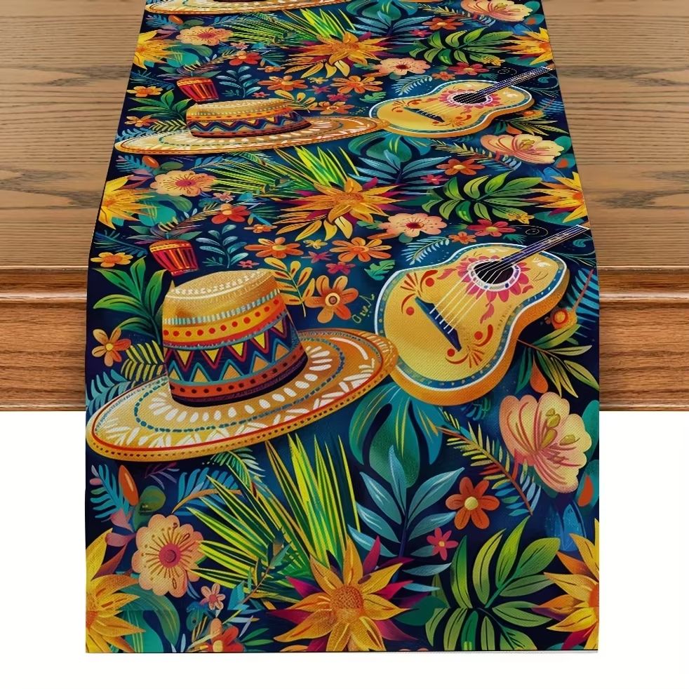 Mexican Fiesta Linen Table Runner with Cactus and Day of the Dead Design