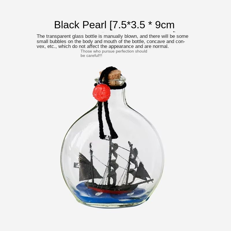 Black Pearl Pirate Ship in Glass Bottle Drift Decor Nautical Desk Ornament