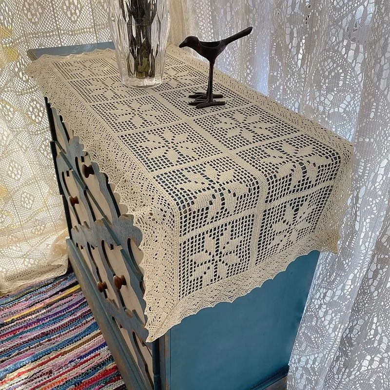 Retro Crochet Cotton Linen Table Runner with Lace Edge Boho Vintage Table Decor