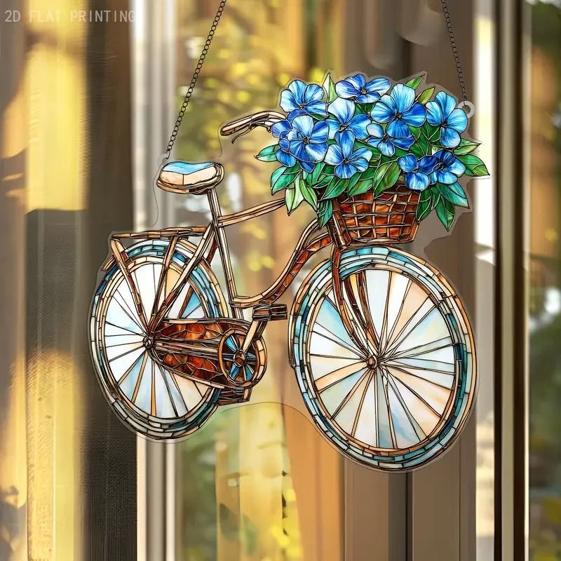 Lavender Bicycle Acrylic Suncatcher - Vintage Floral Window Light Catcher Decor