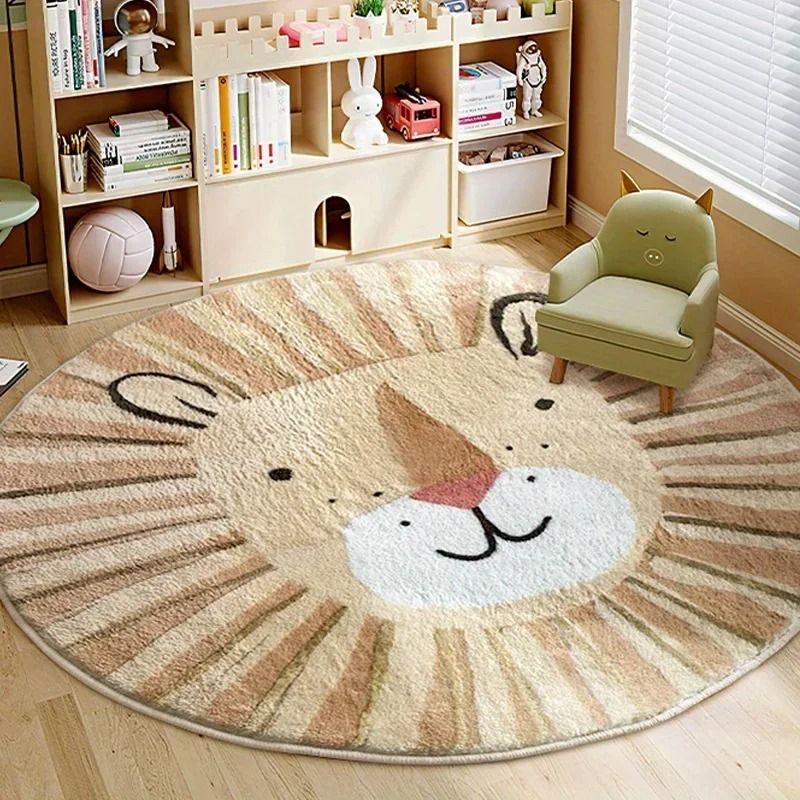 Cute Cartoon Lion Plush Rug for Kids Room, Soft Round Animal Carpet Play Mat