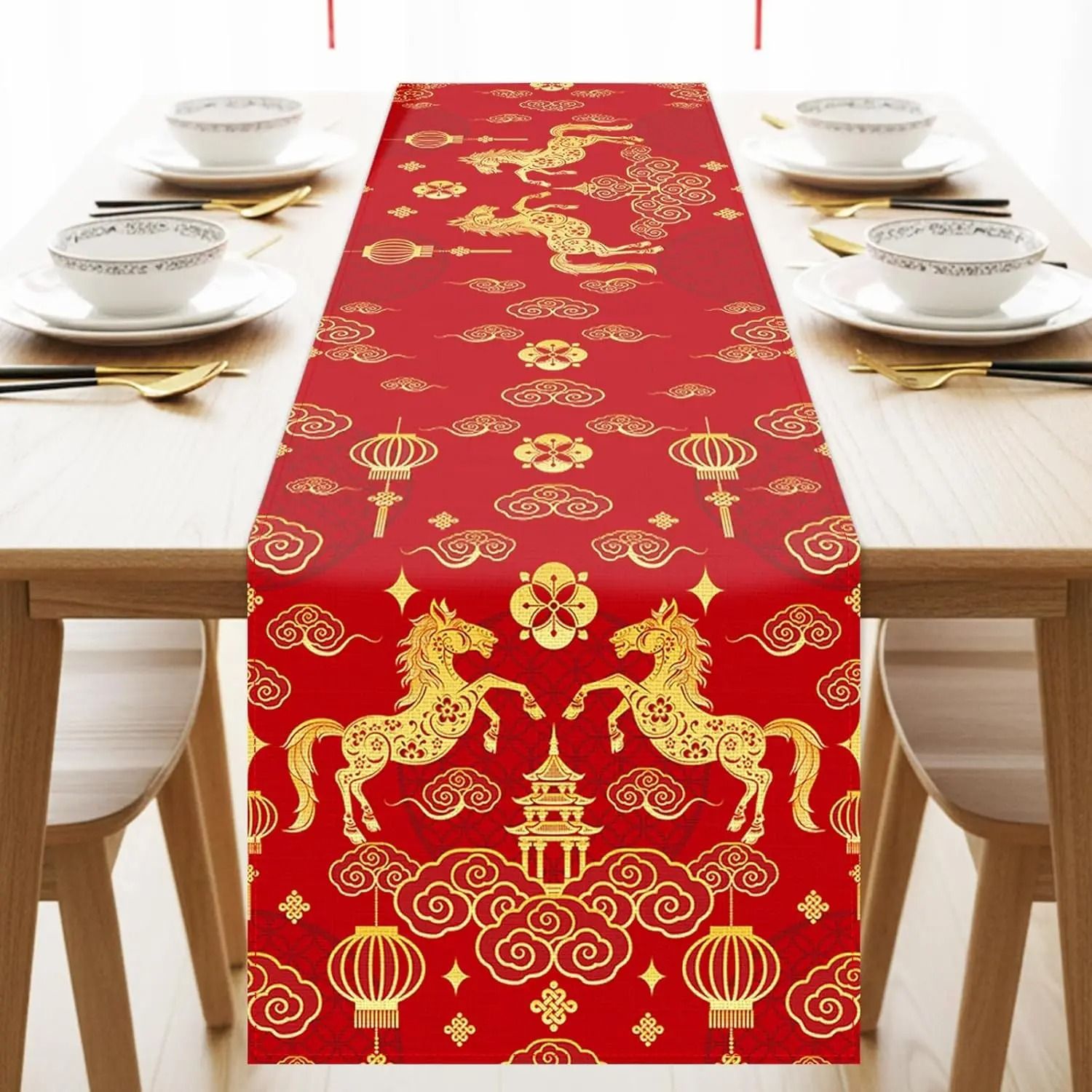 Chinese New Year 2026 Linen Table Runner Zodiac Horse Spring Festival Decor